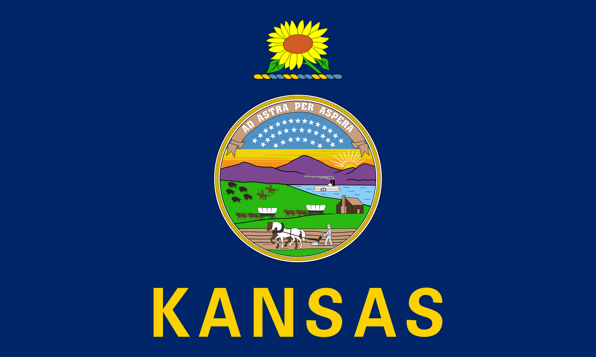 <p>Blue background with colourful emblem. KANSAS.</p>