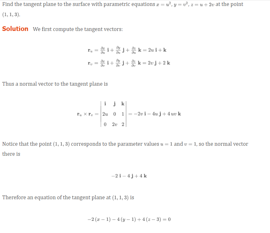 IF IS A SMOOTH SURFACE
1. find tangent vectors
2. find normal vector to tangent plane
3. plug in point to normal vector (replacing i,j,k with x-x_0, etc.)