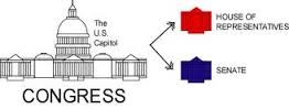 A legislature consisting of two parts, or houses. In US the legislature consists of the House of representatives and the Senate.