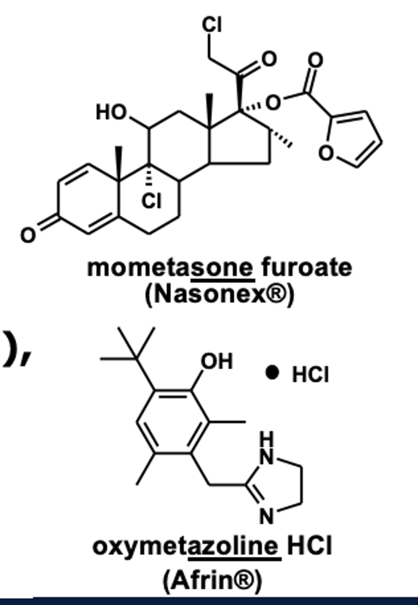 <p>- Nasal steroid sprays for treatment of allergic rhinitis <strong>(triamcinolone acetate (Nasacort®), mometasone furoate (Nasonex®), etc.)</strong></p><p></p><p>- Nasal decongestant sprays <strong>(e.g. oxymetazoline HCl (Afrin®))</strong></p><p></p><p>- Miscellanous agents <strong>(desmopressin acetate (DDAVP® nasal spray))</strong></p>