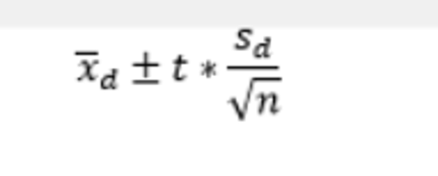 <p>dfs=pairs-1</p><p>Conditions:</p><p>1)Representative data</p><p>2) Central Limit Theorem applies (sample size≥30 or distribution has normal boxplots).</p><p>3) All pairs are independent</p><p>Test statistic:</p><p>where n represents the number of pairs</p>