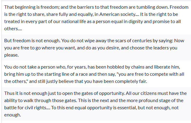 <p>Based on the excerpt, why did President Johnson deliver these remarks at Howard University's commencement?</p>