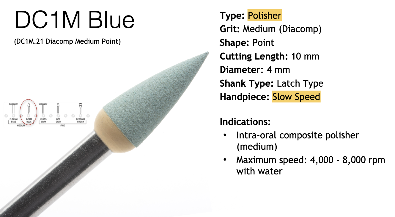 <p>Diacomp point polisher, <strong>medium</strong> grit. Composite polishing with water, 4,000–8,000 rpm. slow speed</p>