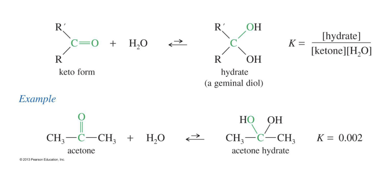 <p>Reagent: </p><ul><li><p>H<sub>2</sub>O&nbsp;</p></li></ul><p>Starting Product&nbsp;</p><ul><li><p>Ketone</p></li><li><p>Aldehyde&nbsp;</p></li></ul><p>End product:</p><p> 2 Alcohol group attached to the carbon where the double bond of Oxygen was originally </p><ul><li><p><strong>geminal diol</strong></p></li></ul><p></p>