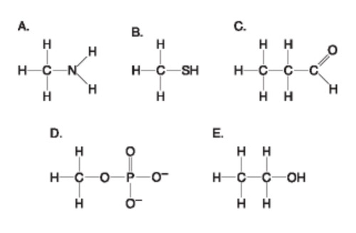 <p>Using the functional group diagram at right answer A - E which of the following is incorrectly matched?:</p><p>a. A = amino group</p><p>b. B = thiol group</p><p>c. C = carbonyl (aldehyde)</p><p>d. D= organic phosphate</p><p>e. E= carboxyl group</p>