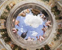 <ul>
<li>Andrea Mantegna  </li>
<li>1465–1474. </li>
<li>Fresco, </li>
<li>diameter of false oculus 8′9″ (2.7&nbsp;m); room 26′6″ (8&nbsp;m) square</li>
</ul>
