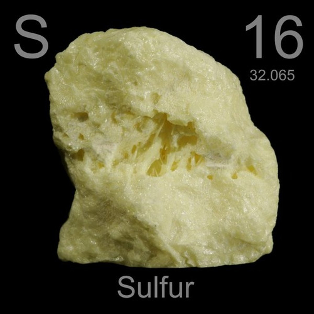<p>Mineral<br>Color: Yellow<br>Streak: Yellow<br>Luster: Nonmetallic<br>Cleavage: None<br>Hardness: 1.5-2.5<br>Specific Gravity: 2.0-2.1</p>