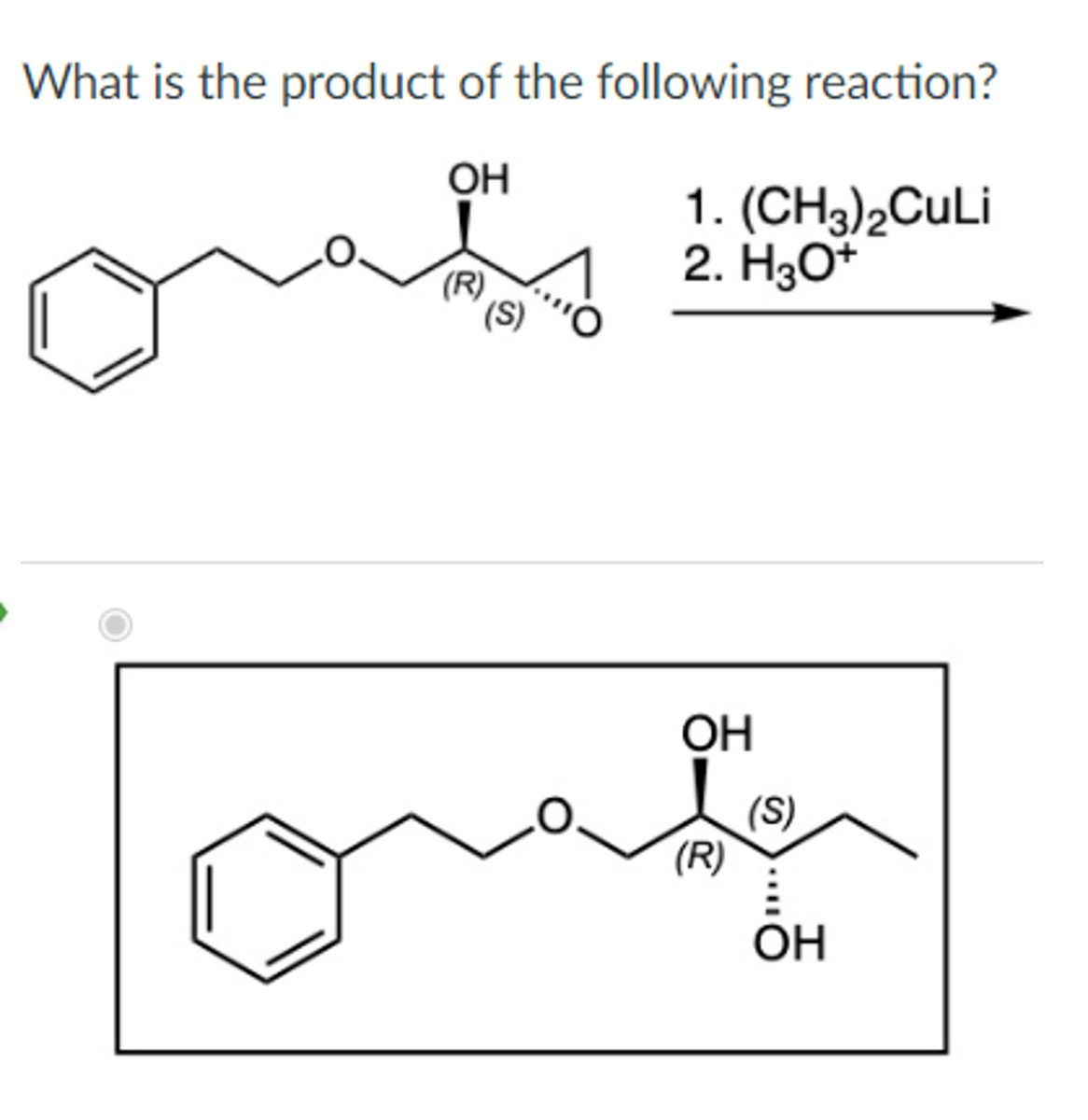 <p>R2CuLi + epoxide -&gt; alcohol w/ carbon chain</p><p>acts as a mild nucleophile</p><p>attacks less substituted carbon</p><p>inversion stereochem</p>