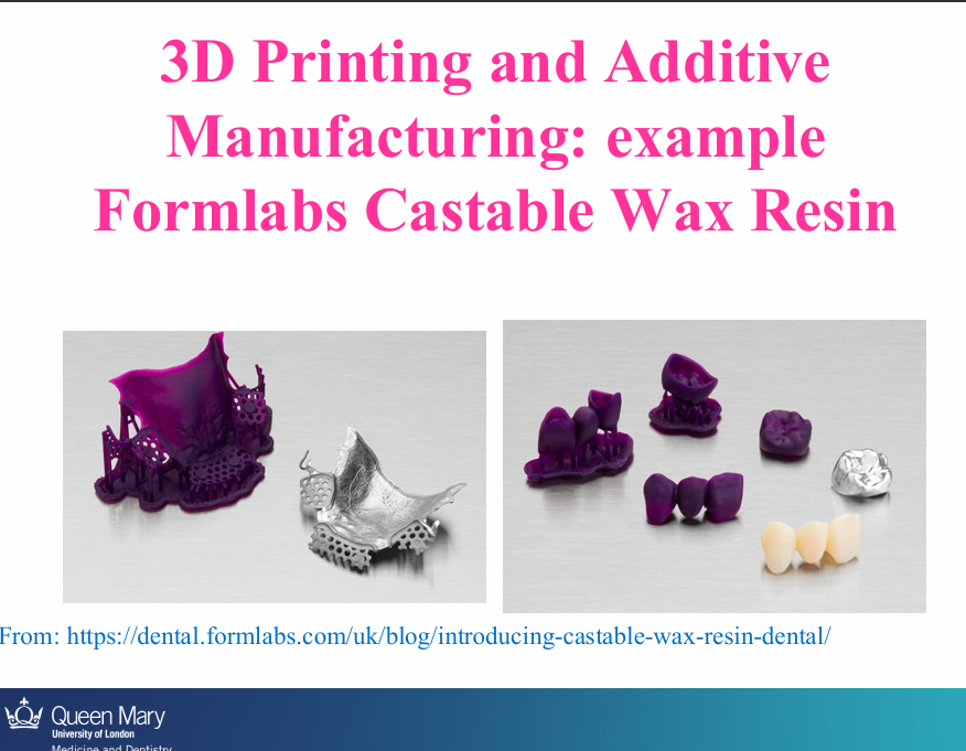 <ul><li><p>printing Wax patterns for inlays, onlays and crowns</p></li><li><p>fabricating frameworks for removable partial dentures</p></li></ul><p></p>