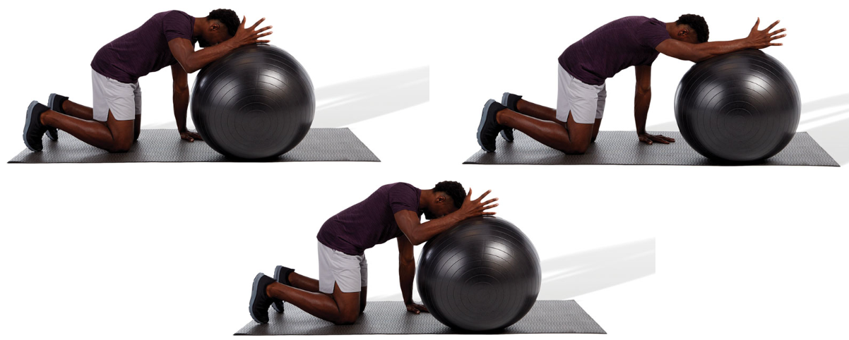in the quadruped position, put one arm on top of a stability ball and roll forward until a stretch is felt

posteriorly rotate the pelvis, point the thumb up toward the sky, and draw in the abdominals when performing this stretch

repeat for the desired number of repetitions