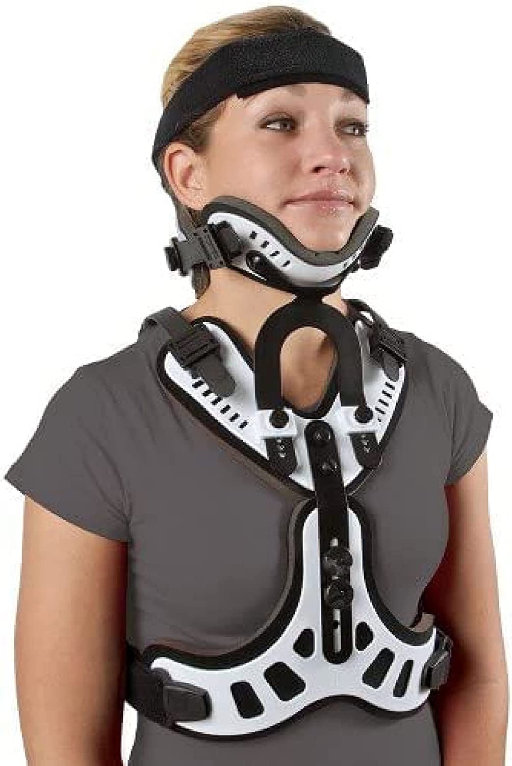 <p>- orthosis that encloses the skull</p><p>- it also includes: forehead band and body jacket</p><p>- light weights than the halo vest; no pins (no “invasive” support)</p><p>- less restriction of motion compared to halo vest</p>