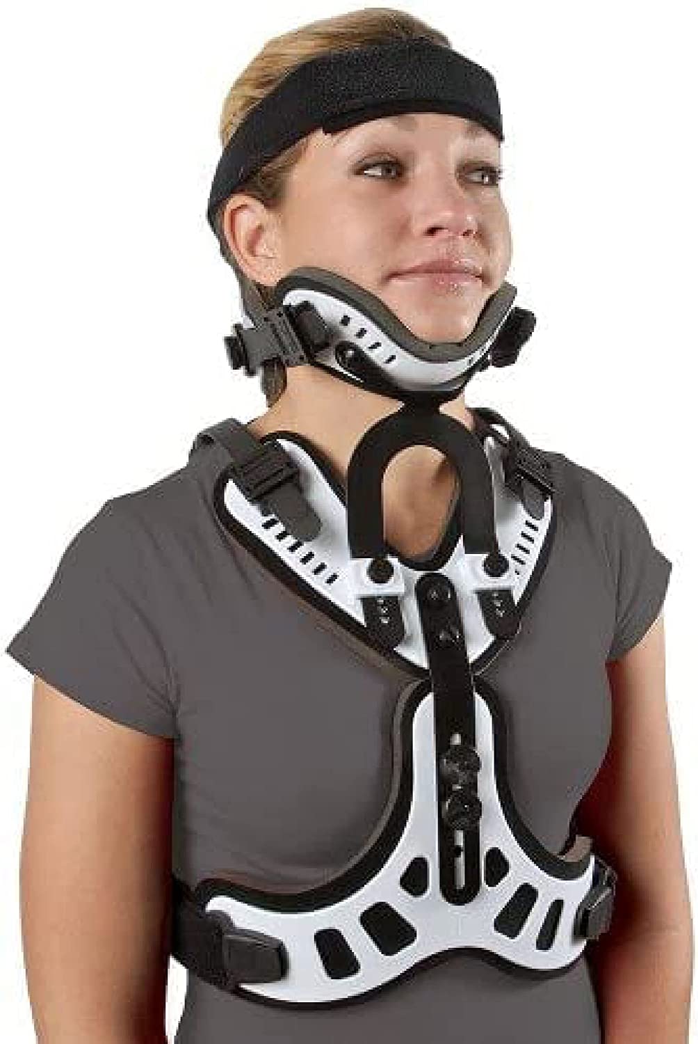 <p>- orthosis that encloses the skull</p>
<p>- it also includes: forehead band and body jacket</p>
<p>- light weights than the halo vest; no pins (no “invasive” support)</p>
<p>- less restriction of motion compared to halo vest</p>