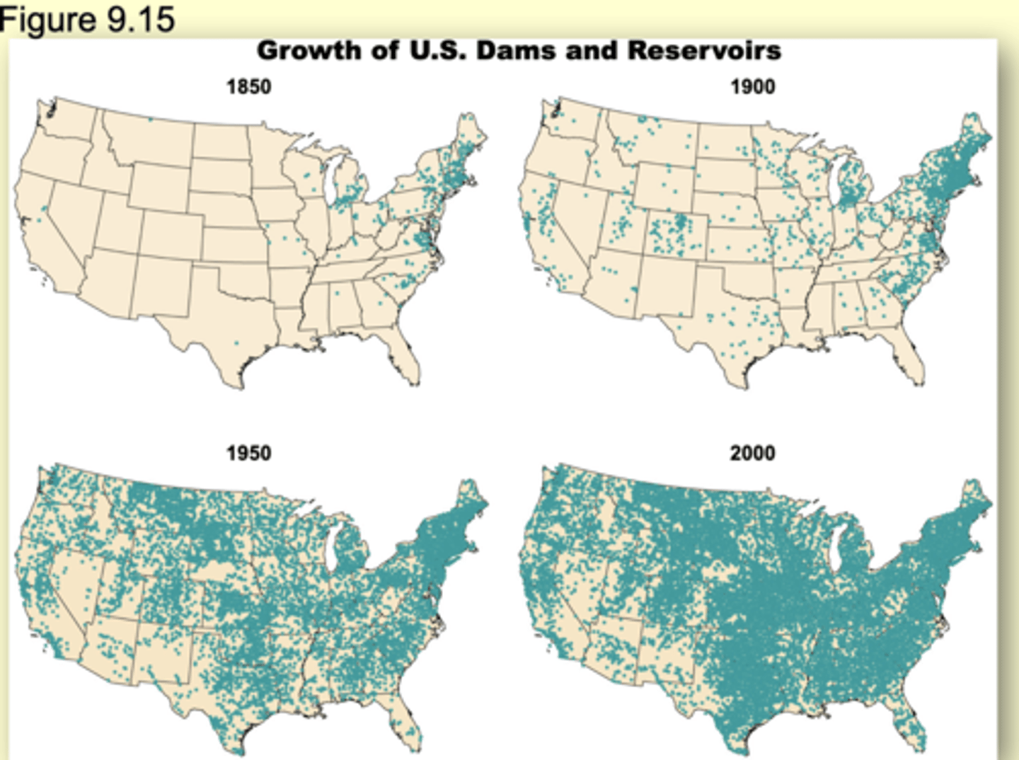 <p>In the United States, about 17% of the rivers are affected by dams</p><p>About 75,000 dams impound almost 1 million km of river</p><p>Note: the Mississippi River is 3743 km in length</p>