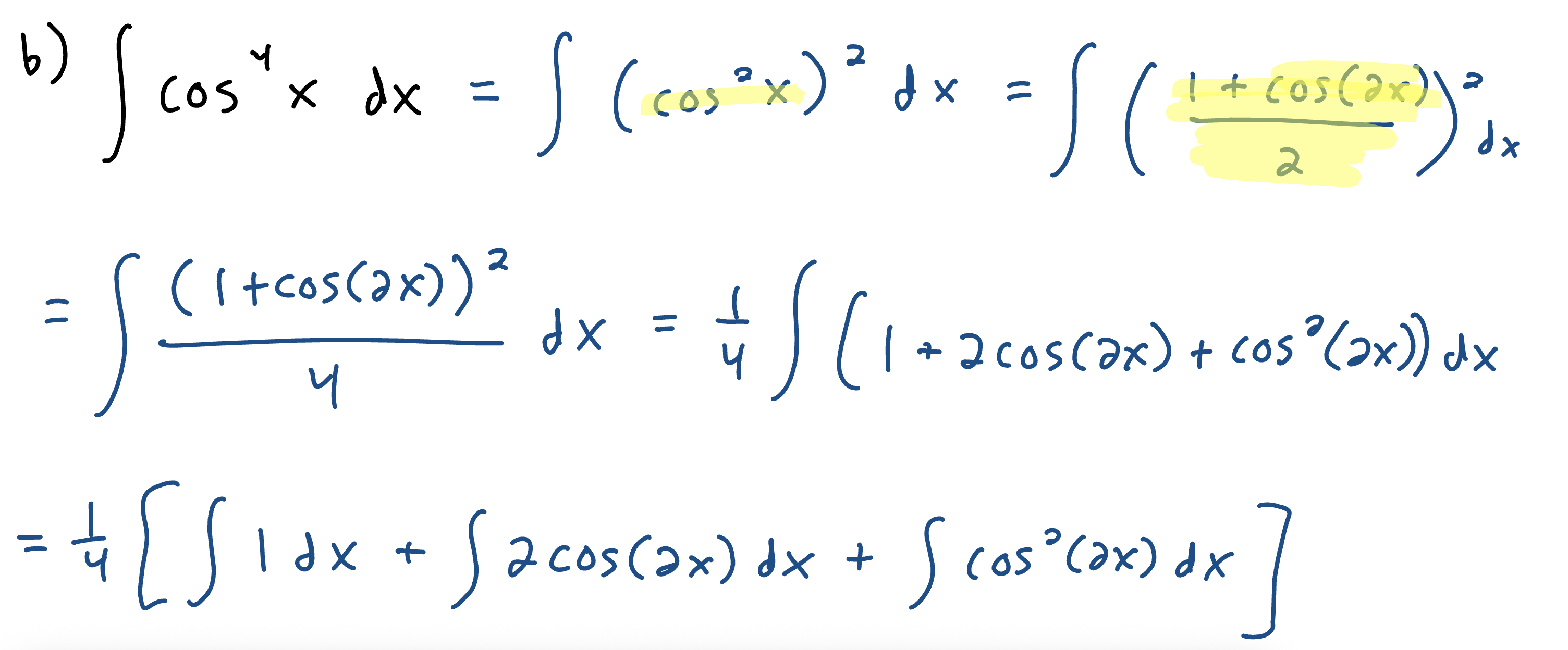 <p>If n is odd, save a factor, use a pythagorean identity to convert everything to the other trig function, u substitute so the factor you saved becomes du, then solve.</p><p>If n is even, write it as a power of a trig squared. Then use a power reducing identity on the trig squared and FOIL out what you get. Then, distribute the integral and solve (you may have to do multiple power reducing steps).</p>