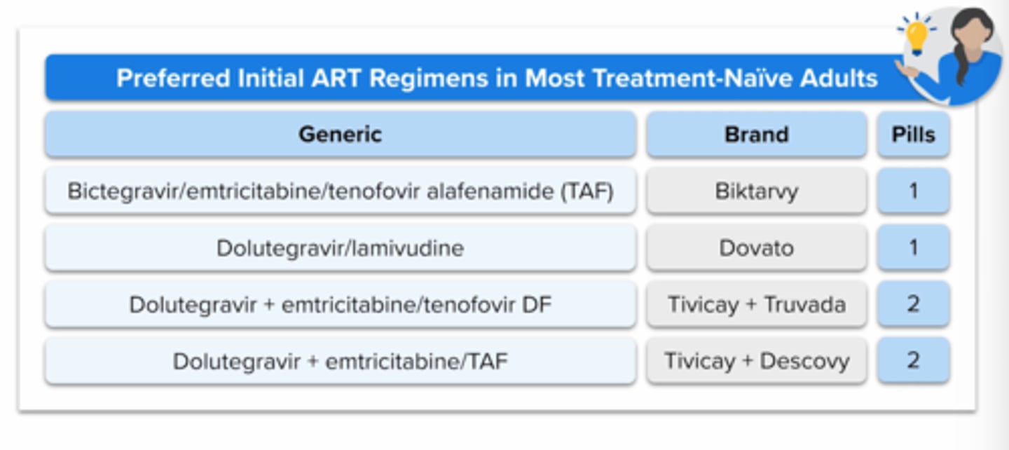 <p>all qd</p><p>biktarvy, triumeq, dovato, tivicay, descovy: CI if crcl <30</p><p>all except biktarvy can be given components separately to allow for renal adjustment (so larger pill burden)</p>