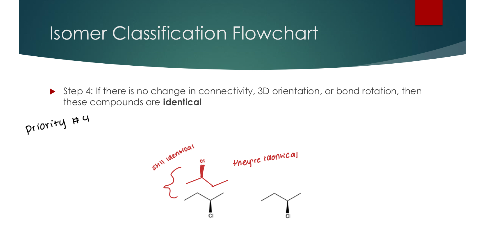 <p>Step 4: If there is no change in connectivity, 3D orientation, or bond rotation, then these compounds are identical</p>