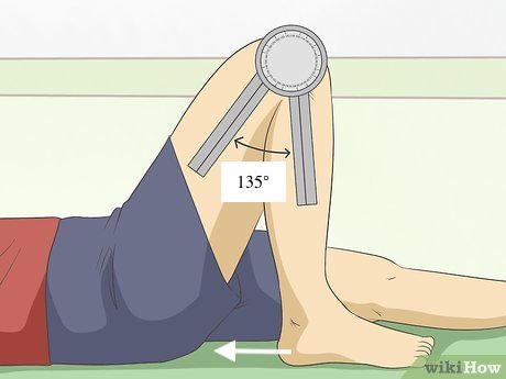 <p>Dra hälen mot rumpan.</p><p>Mät med femur och fibula som referenslinjer och med den laterala femurkondylen som rotationscentrum (precis ovanför ledspringan)</p><p>Normalvärde 135°</p>