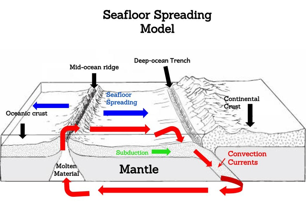 <p>Seafloor spread is where tectonic plates pull laterally a part at mid-ocean ridges, magma then rises to fill the gap forming new oceanic crust. This proves earth’s crust is continually being created. Leads to formation of ridges such as mid-Atlantic ridge.</p><p>Note:</p><p>older rock found further away from ridge.</p>
