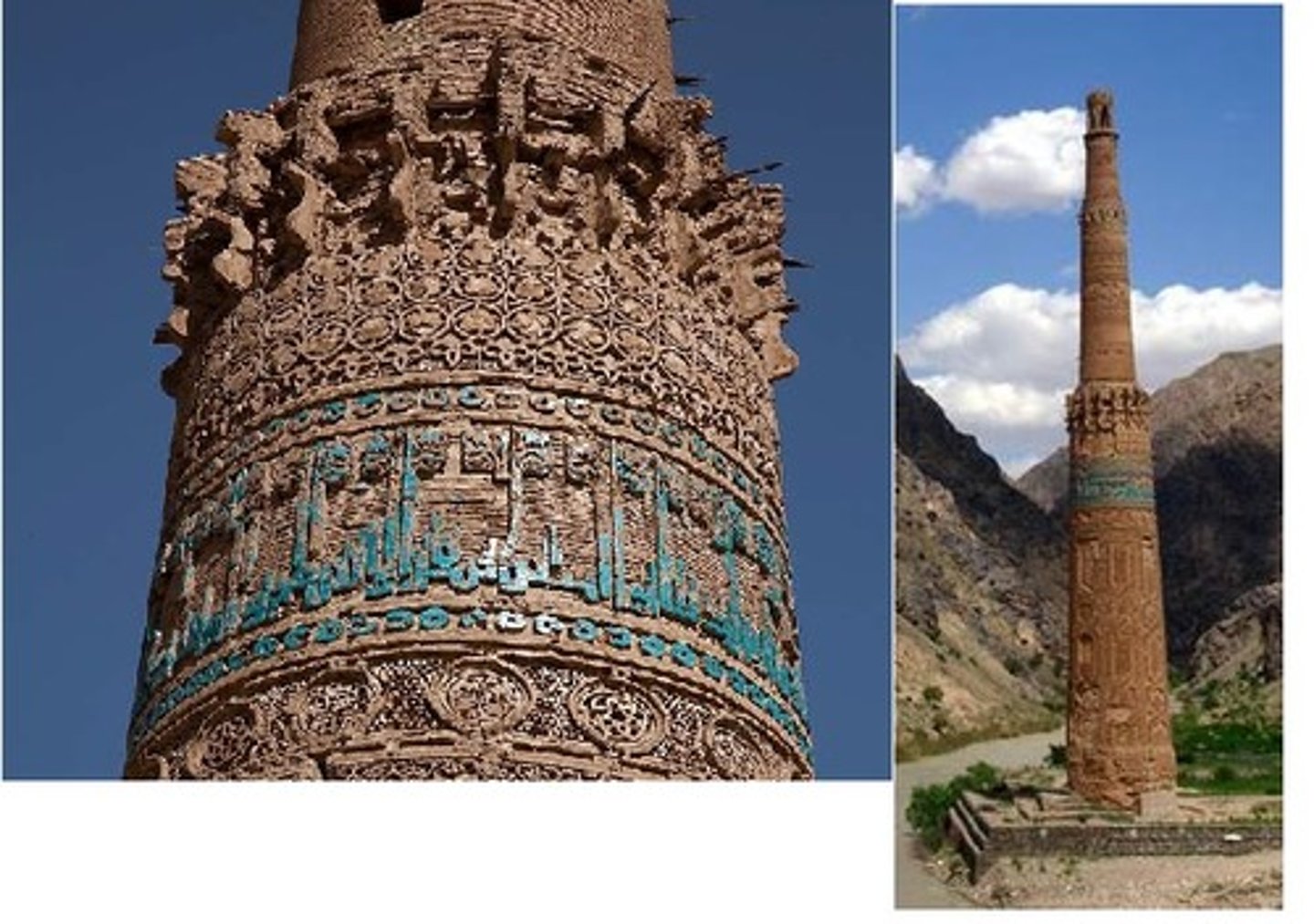 <p>Jam; 12th Century; Ghurid; Minaret</p><ul><li><p>Not attached to mosque; stands in a lonely western Afghanistan valley; instead a possible victory monument( quran verse)</p></li><li><p>Hazar-baf brickwork, muqarnas cornice</p></li><li><p>New use of blue tile —&gt; foundation inscription</p></li><li><p>Other ornamental pieces are pisces of the Quran, but aren’t “completed” as it was expected to be basic knowledge</p></li><li><p>Meant to be more recognizable than reading/legible</p></li></ul><p></p>