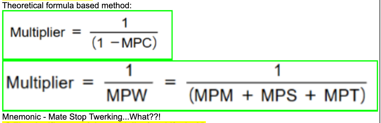 <p>multiplier = 1/MPM + MPS + MPT or 1/MPW (MATE STOP TWERKING…WHAT?)</p><p></p><ul><li><p>the marginal propensity to consume (MPC) </p></li><li><p>the marginal propensity to save (MPS) </p></li><li><p>the marginal propensity to tax (MPT) </p></li><li><p>the marginal propensity to import (MPM)</p></li></ul><p></p><p>1/(1-MPC) and 1/MPW, where MPW=MPS+MPT+MPM</p><p></p>