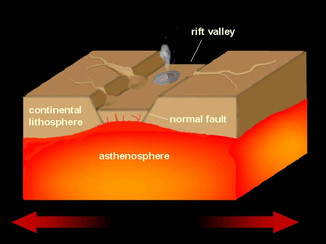 <p>stretching and breaking on continental lithosphere </p>