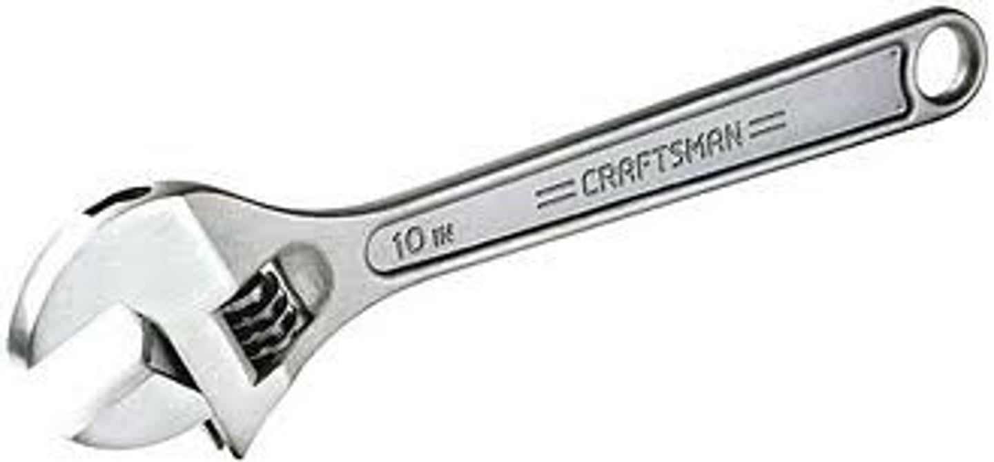 <p>a wrench designed to fit hexagonal nuts with the adjusting screw built into the head of the wrench</p>