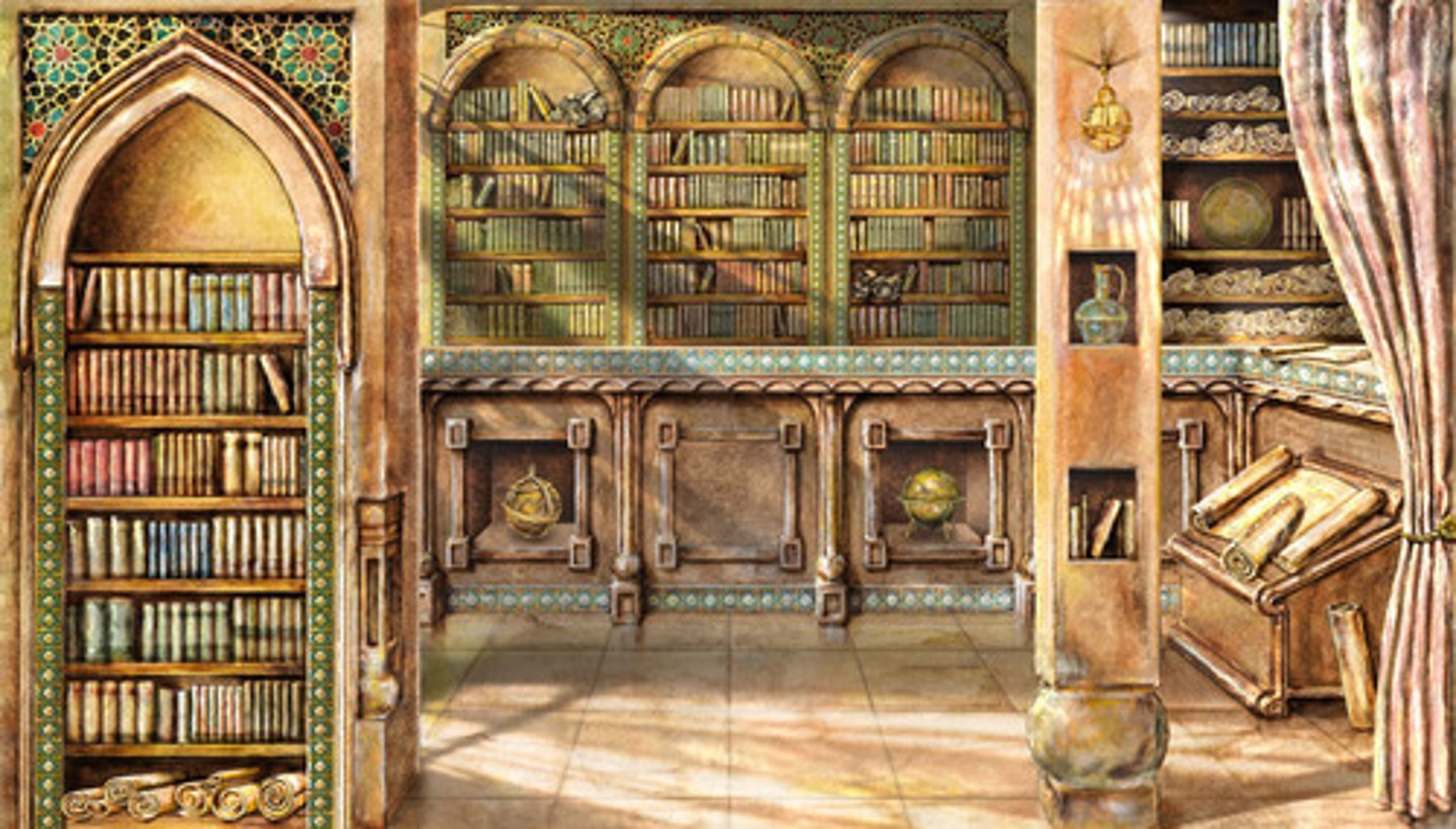 <p>Large Islamic-based library and learning center in Baghdad. Focus of conversion of Greek and Roman classics and Indian learning into Arabic.</p>