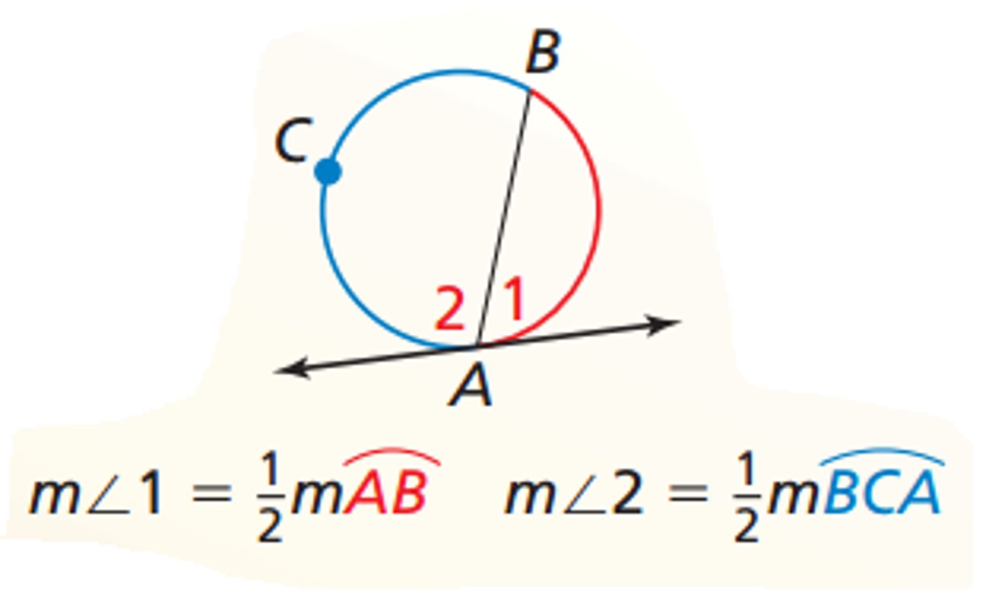 <p>The measure of an angle formed by a tangent and a chord is equal to one half the intercepted arc</p>