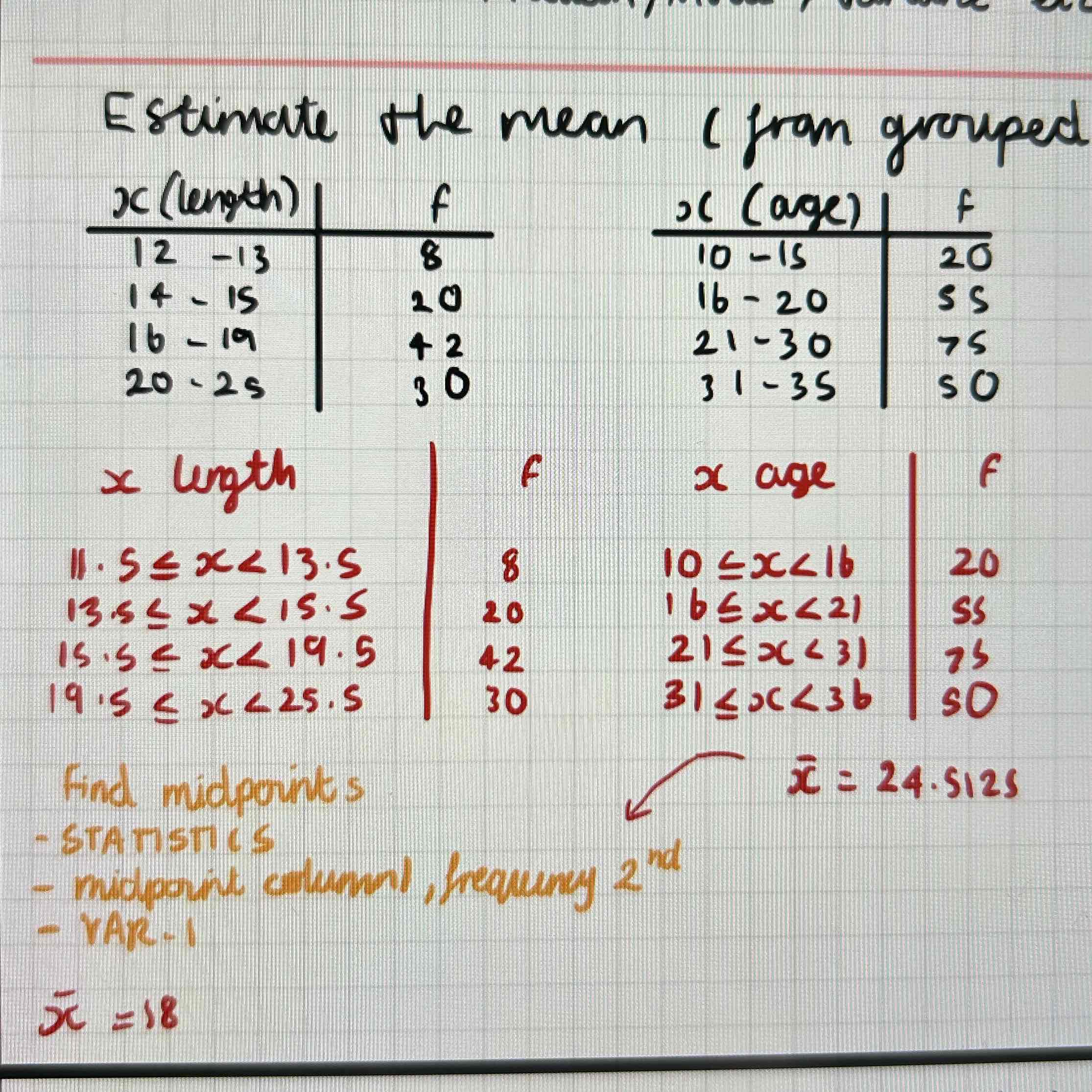 <p>Estimate the mean is in the middle of the group</p><p>So find the midpoint for each inequality, use STATS, to find mean with midpoints in column 1 and frequency in column 2</p><p></p><p>If the inequalities aren’t continuous, rewrite so they are </p><p>With age always change the inequality aka 10<=x<=15 should be 10<=x<16</p>