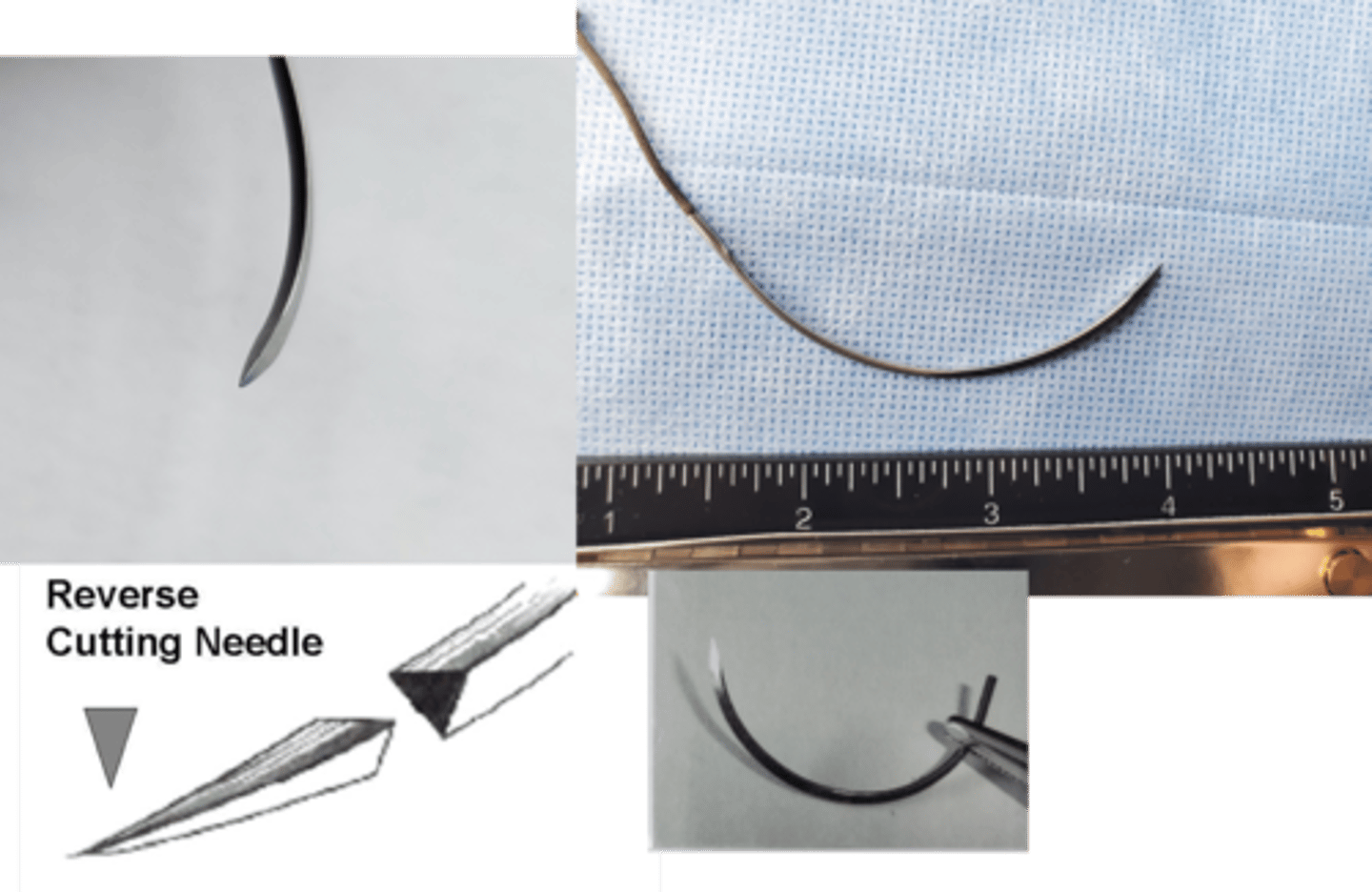<p>suture needle that has two or three opposing cutting edges; generally used on skin and muscle. triangular and has sharp cutting edge on inside curve. reverse cutting needle has the cutting edge on the outside of the curve</p>