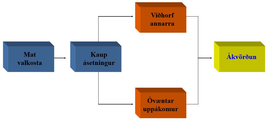 Þörfin er greind, aflað sér upplýsinga um vöruna, metið valkostina (hvað kemur til greina), kaup eða ákvörðunin og eftirkaupaáhrif (var þetta rétt ákvörðun?)