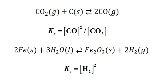 <ul><li><p>Only gas and aqueous appear in equilibrium</p></li><li><p>Pure solids and pure liquids do NOT appear in&nbsp; equilibrium</p></li></ul><p></p>