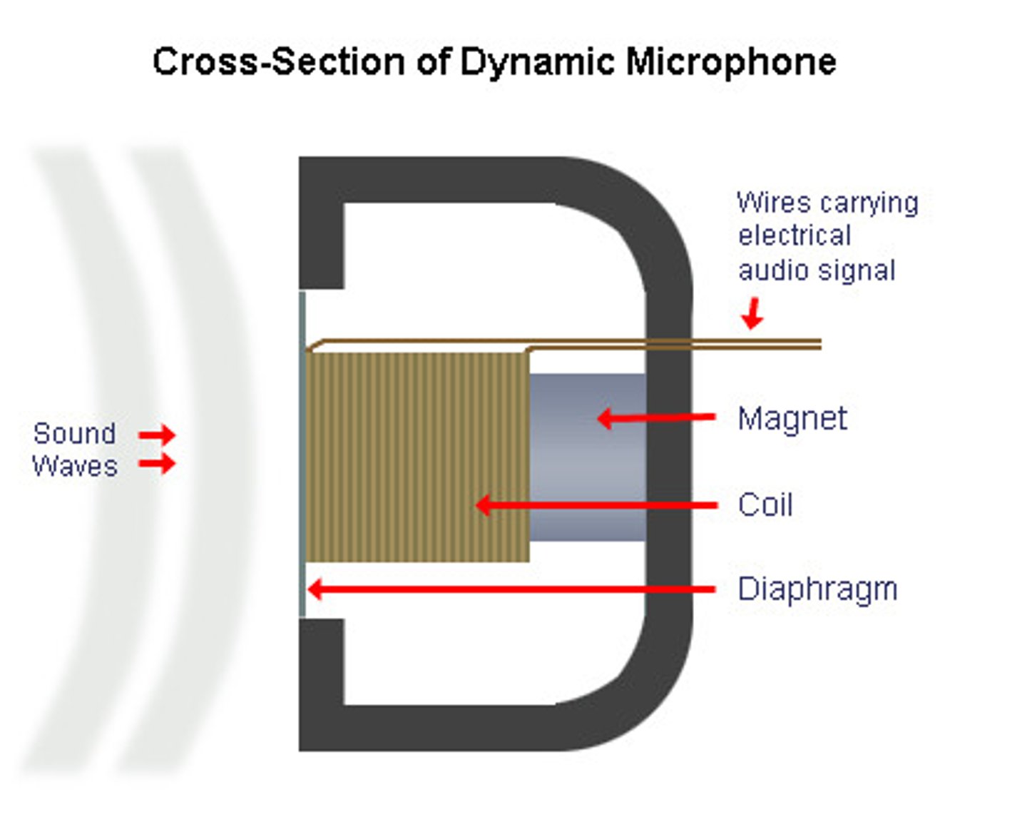 <p>Microphone which works through a diaphragm being attached to a coil which operates within a strong magnetic field. The diaphragm vibrates in response to soundwaves, which, in turn stimulates motion of the coil.</p>
