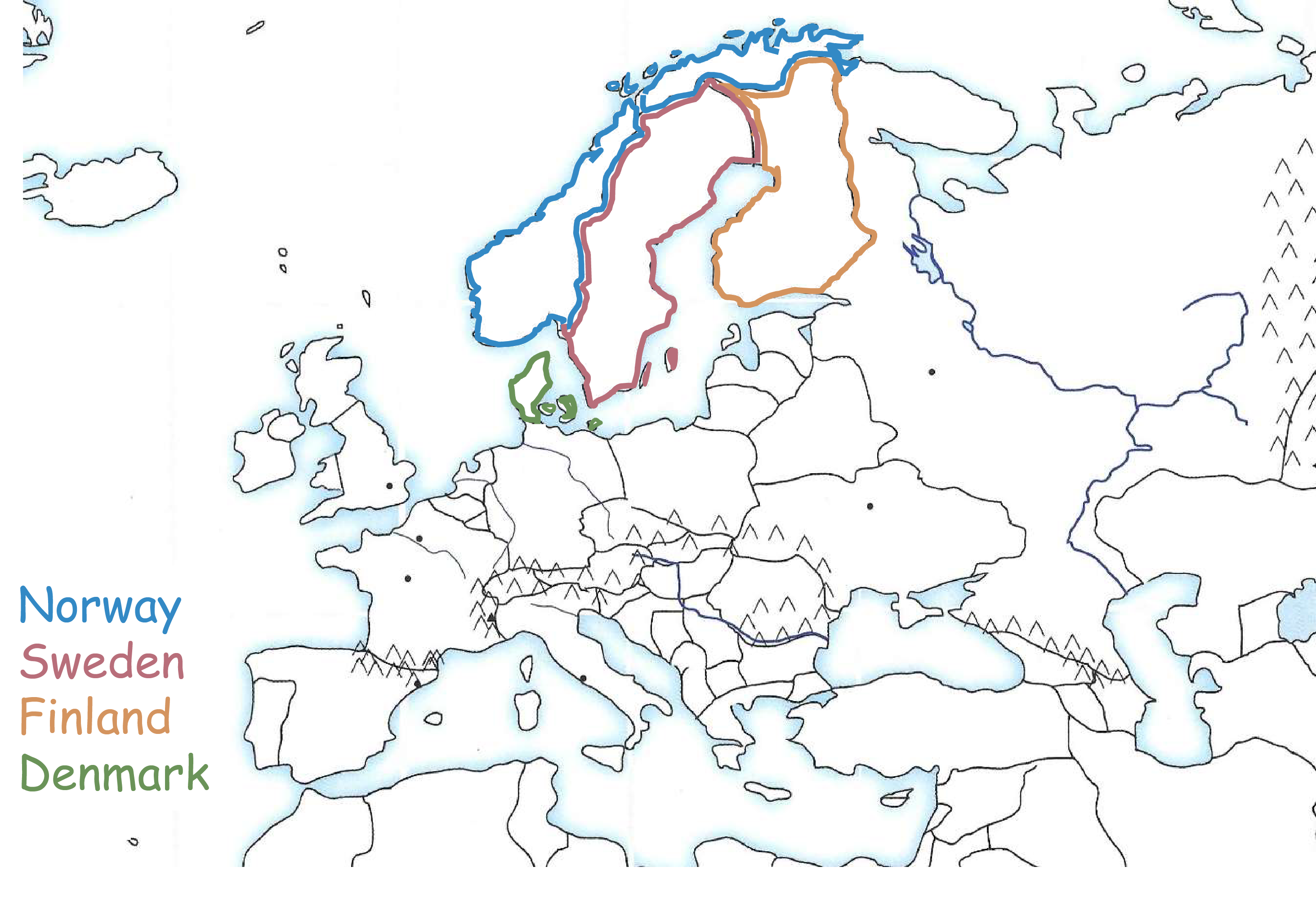 <p>Denmark. Green outline. Denmark sticks up below Norway and has an endmark</p>