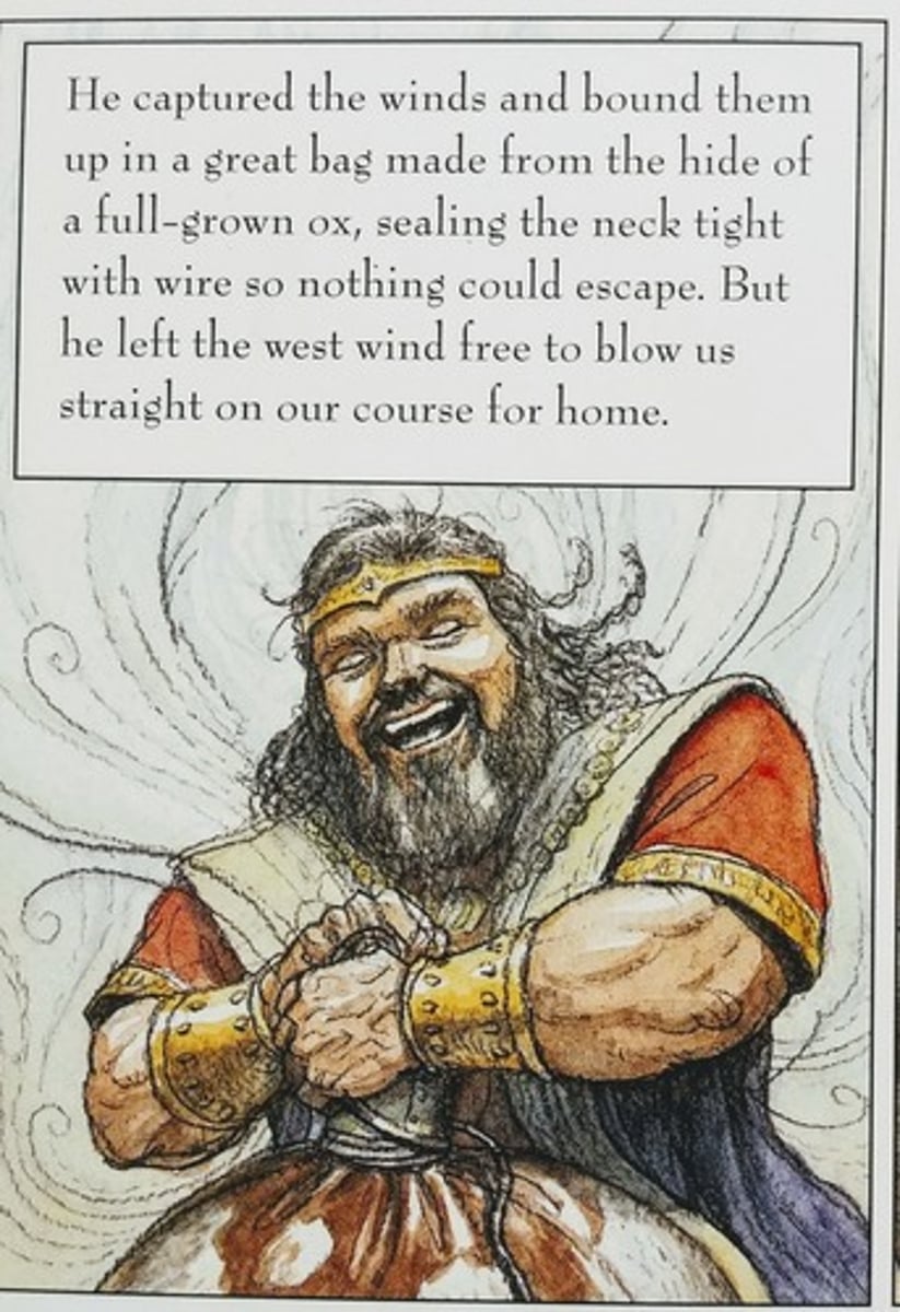 <p>King of Aeolia, a metal floating island. Master of winds, made immortal by the gods. 10 sons and daughters who are married to each other. Helps Odysseus, but abandons him after his crew commits mutiny.</p>