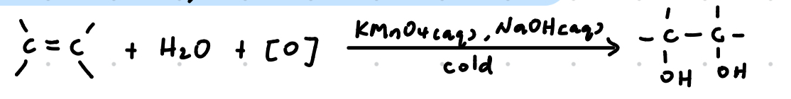 <p>Mild oxidation</p><p>Reagents: KMnO4 (aq), NaOH (aq)</p><p>Conditions: Cold</p><p>Observations:</p><ul><li><p>Purple KMnO4 decolourised</p></li><li><p>Brown-black ppt of MnO2 observed</p></li></ul><p></p>