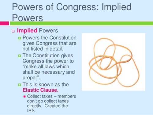 <p>Broad, but undefined, powers given to the federal government by the Constitution.</p><p>(Such as the necessary and proper clause)</p>