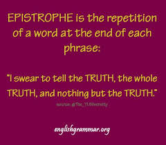 <p>(OPPOSITE OF ANAPHORA) the repetition of a word or phrase at the end of successive clauses or sentences. Ex. "Where now? Who now? When now?" </p>