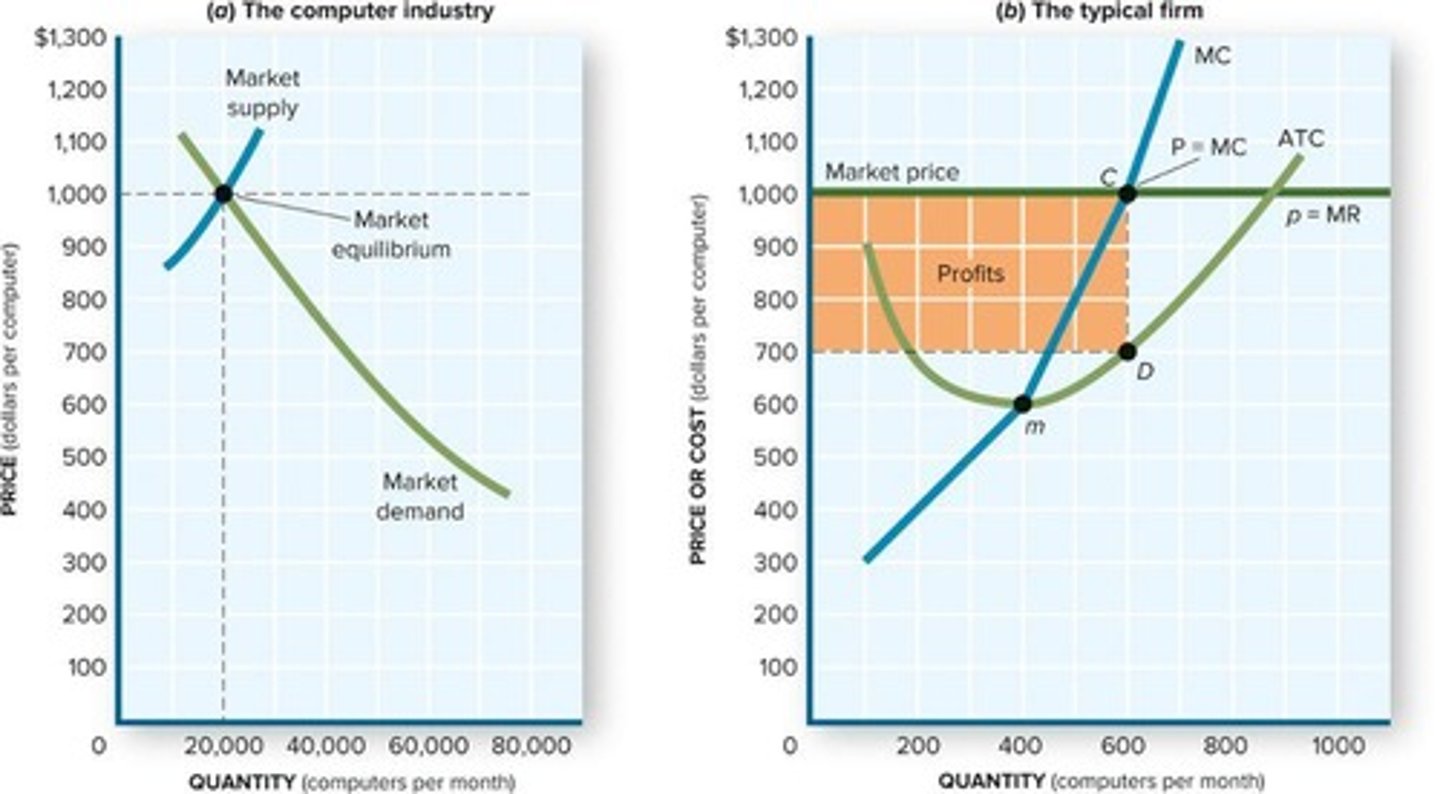 <p>In equilibrium, price equals marginal cost, which equals marginal revenue (P = MC = MR).</p>