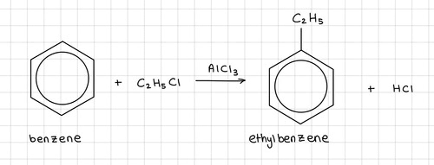 <p>This is also called the Friedel-Crafts alkylation reaction</p><p>- Occurs at RTP</p>