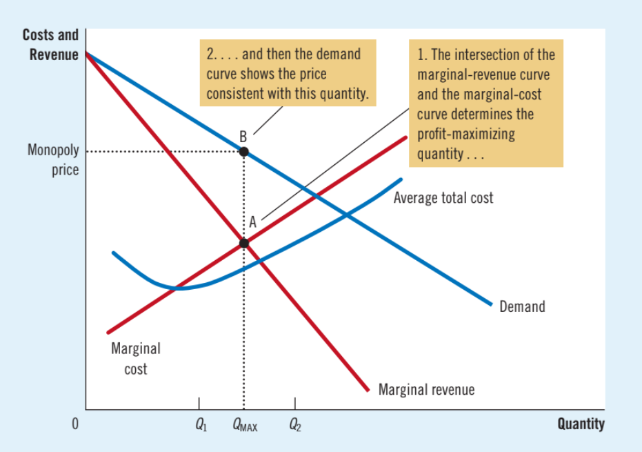 <p>Profit is maximized at the intersection of the marginal revenue and marginal cost curve</p>
