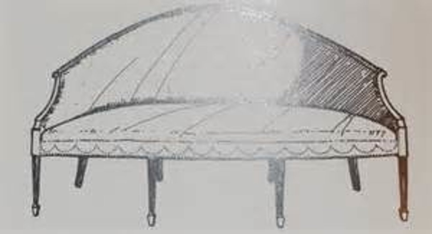 <p>camel back sofa</p><p>delicate lines</p><p>square tapered legs</p><p>castors on feet</p><p>smaller arms</p>