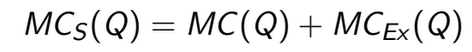 <p>Uncompensated costs resulting from production or consumption choices that affect third parties.</p><ul><li><p>negative externality</p></li><li><p>social marginal costs are the sum of private and external marginal costs</p></li><li><p>private marginal costs: marginal willingness to accept of the firms active in the market → inverse market supply</p></li><li><p>e.g. waste water disposal, health costs of second-hand smoking</p></li></ul><p></p>