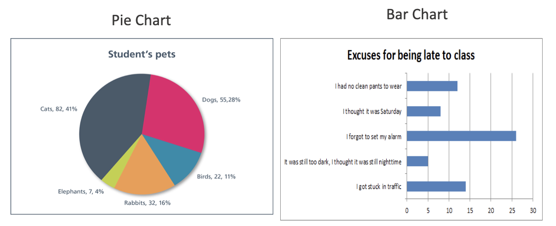 Pie Charts 
Bar charts
Frequency tables 