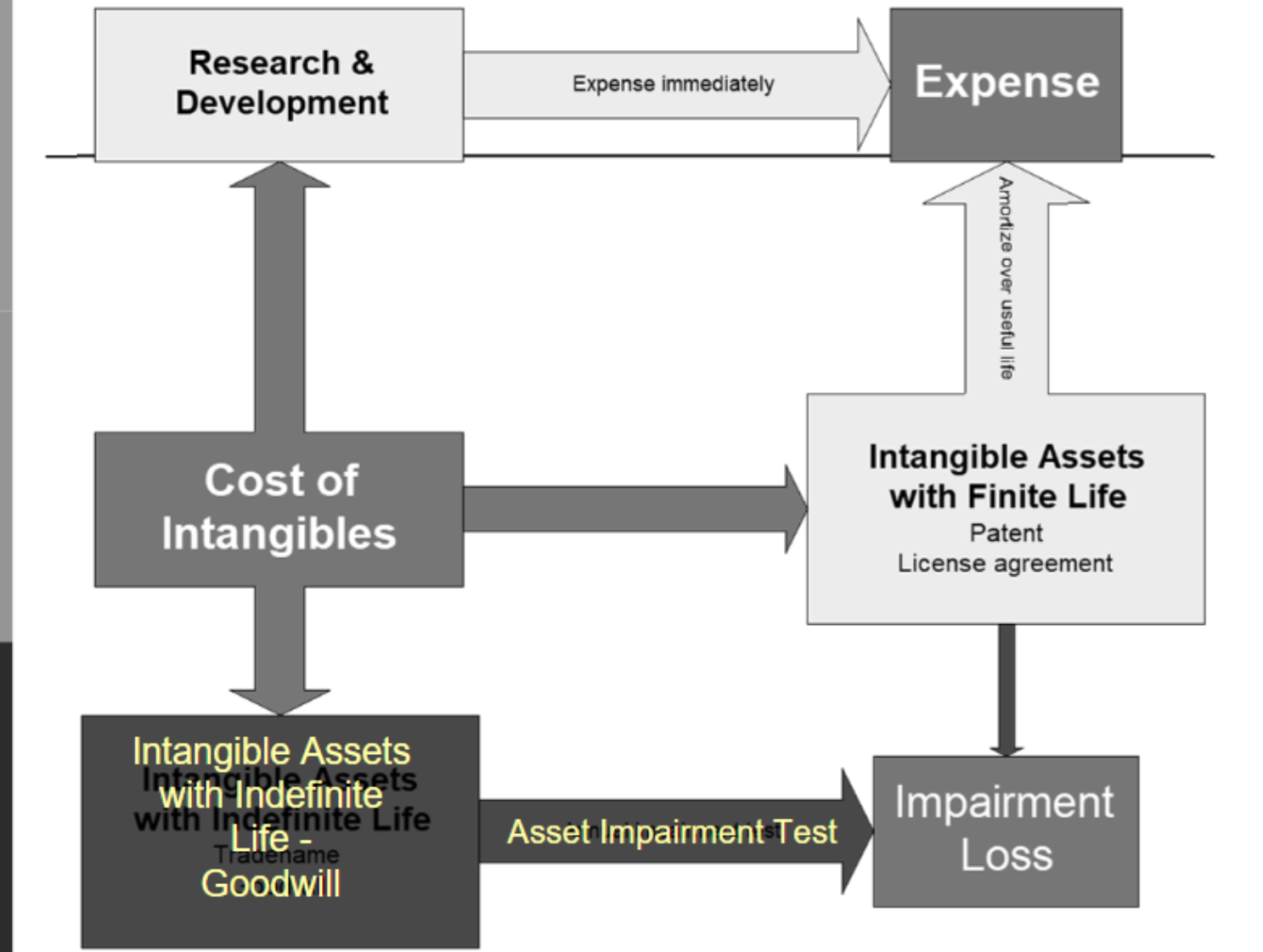 <p><strong>Tangible asset - finite life</strong></p><ul><li><p>Physical assets</p></li></ul><p></p><p><strong>Identifiable intangible asset - finite life</strong></p><ul><li><p>Patents</p></li><li><p>Franchises and licenses</p></li></ul><p></p><p><strong>Identifiable intangible asset - infinite life</strong></p><ul><li><p>Copyrights</p></li><li><p>Trademarks</p></li><li><p>Computer software costs incurred after technological feasibility</p></li></ul><p></p><p><strong>Unidentifiable intangible asset - infinite life</strong></p><ul><li><p>Goodwill</p></li></ul><p></p>