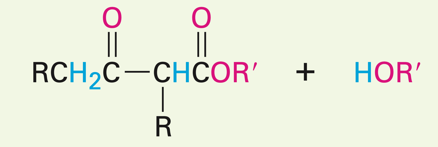 <p>Claisen condensation reaction: they yield a beta-keto ester (two carbonyls and an ester)</p>