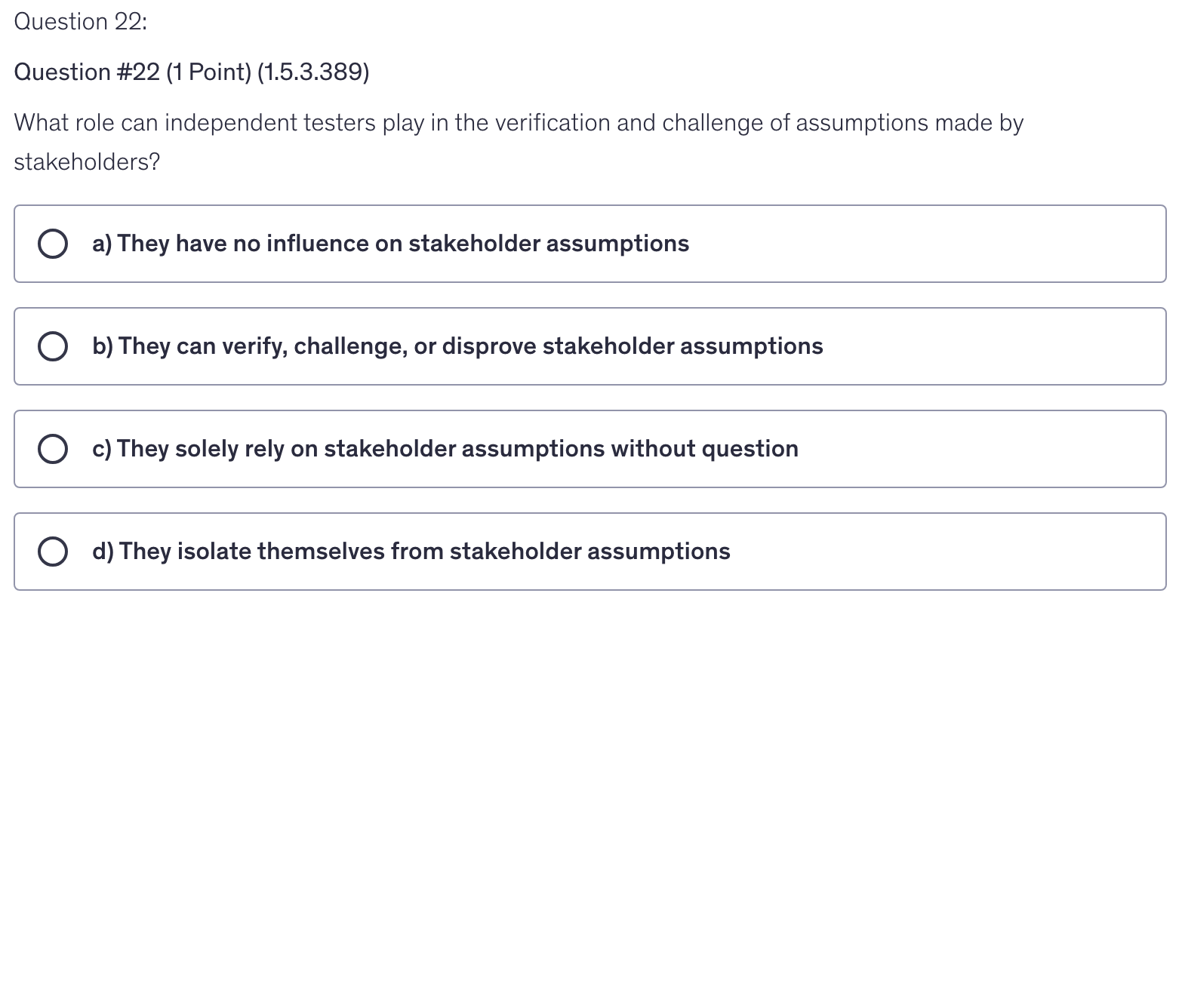 <p>What role can independent testers play in the verification and challenge of assumptions made by stakeholders?</p>