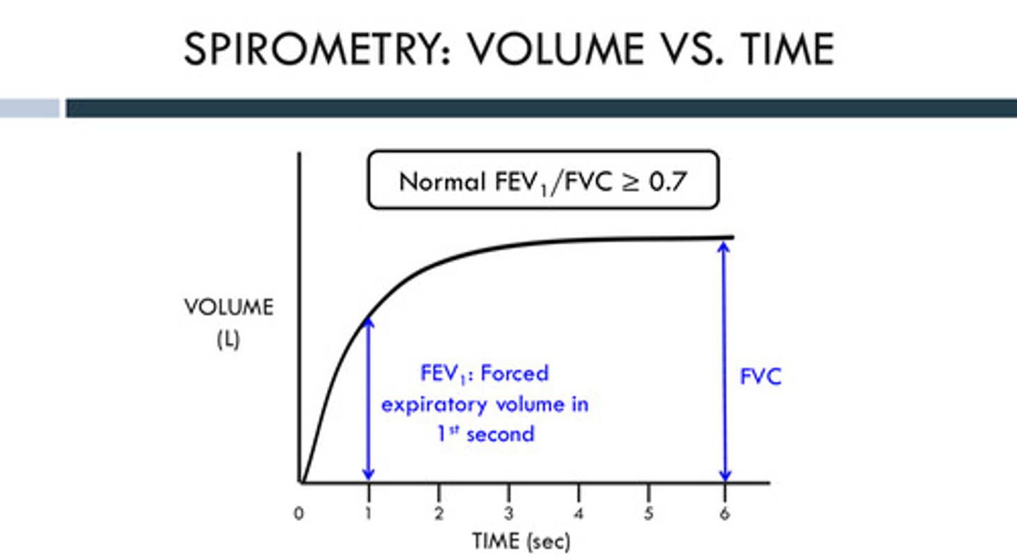 <p>the proportion of your total exhaled air (FVC) that you can blow out in the first second (FEV<sub>1</sub>)</p>