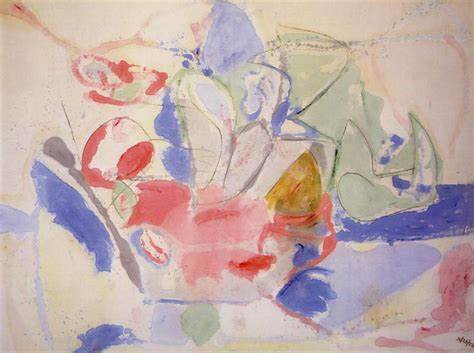 <p>-best known for her innovative "soak-stain" technique. She would pour heavily thinned oil or acrylic paints directly onto unprimed canvas, allowing the colors to soak into the fabric. This created luminous, fluid fields of color that blurred the lines between painting and canvas, resembling large-scale watercolors.</p><p>-Mountains and Sea, 1952, oil and charcoal on canvas</p>
