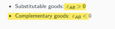 <p>A measure of how the quantity demanded of a good responds to a change in price of another good. Calculated as Percentage change in quantity demanded of good 1 divided by the percentage change in the price of good 2.</p><p></p>